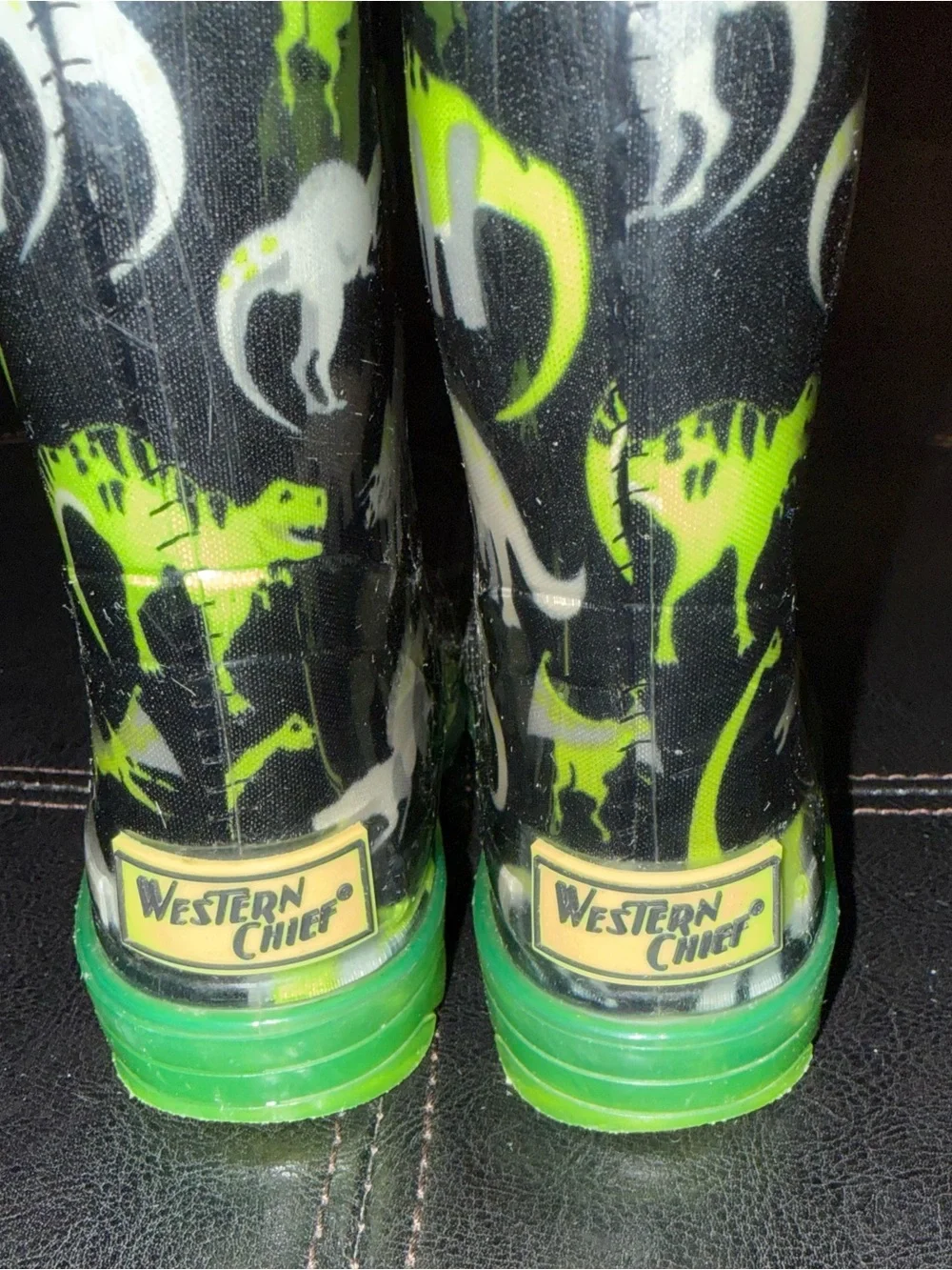 Western Chief Black and Neon Green Kids Dinosaur Rain Boots